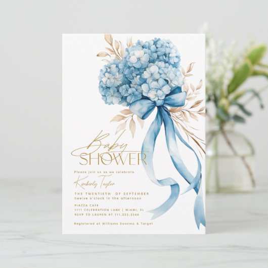 Elegant Blue Hydrangea Bow Baby shower Kaart (Staand voorkant)