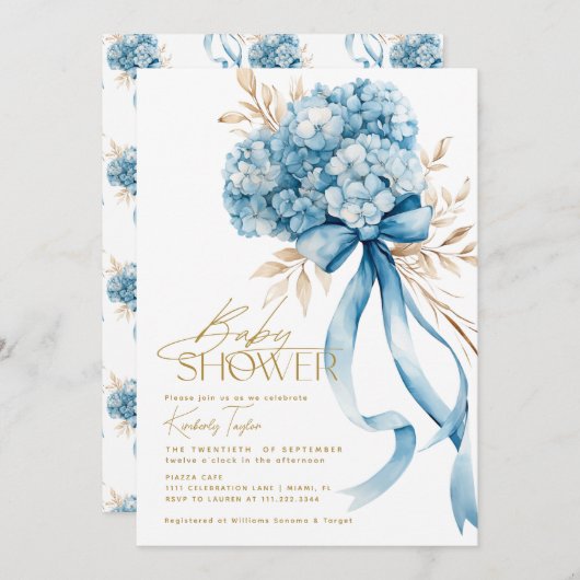 Elegant Blue Hydrangea Bow Baby shower Kaart (Voorkant / Achterkant)