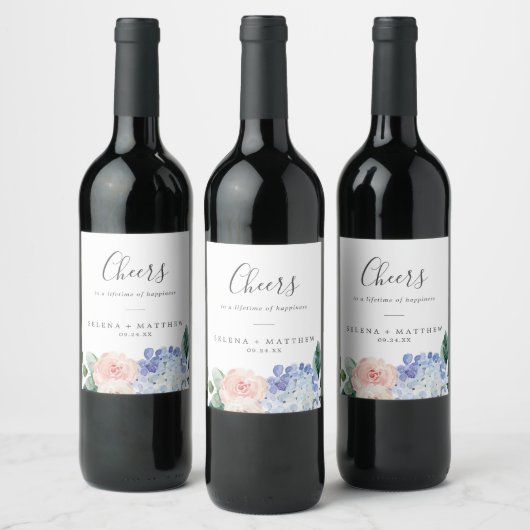 Elegant Blue Hydrangea Cheers Wedding Wine Labels Wijn Etiket (Flessen)