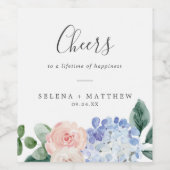 Elegant Blue Hydrangea Cheers Wedding Wine Labels Wijn Etiket (Enkel label)