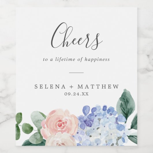 Elegant Blue Hydrangea Cheers Wedding Wine Labels Wijn Etiket