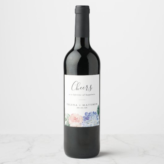 Elegant Blue Hydrangea Cheers Wedding Wine Labels Wijn Etiket (Voorkant)