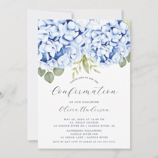 Elegant Blue Hydrangea Confermation Invitation Kaart (Voorkant)