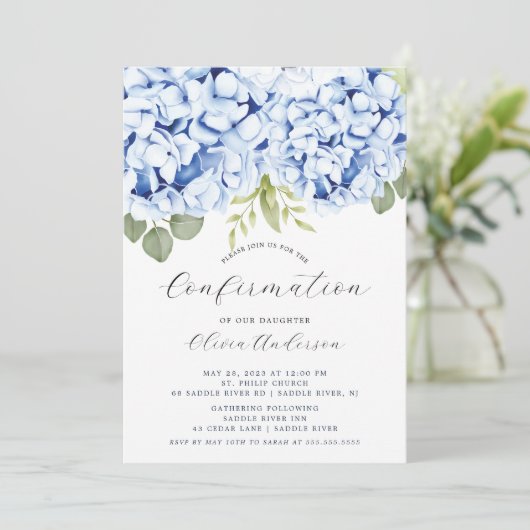 Elegant Blue Hydrangea Confermation Invitation Kaart (Staand voorkant)