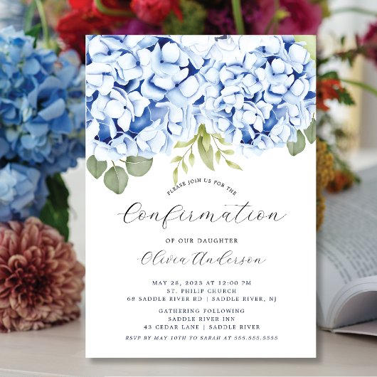 Elegant Blue Hydrangea Confermation Invitation Kaart