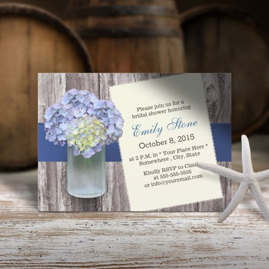 Elegant Blue Hydrangea en Mason Jar Vrijgezellenfe Kaart