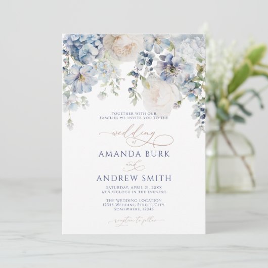 Elegant Blue Hydrangea en Rozen Wedding Kaart (Staand voorkant)