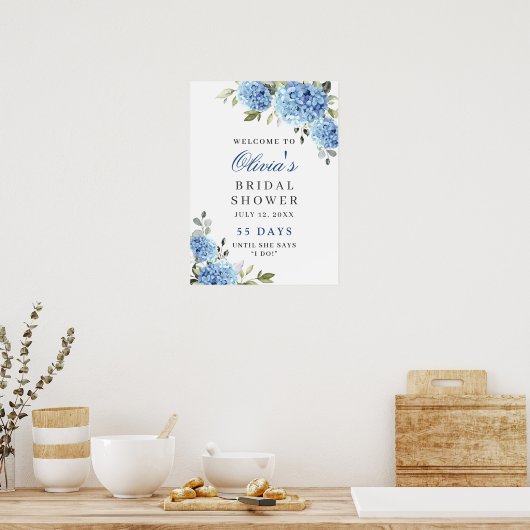 Elegant Blue Hydrangea Eucalyptus Vrijgezellenfees Poster (Keuken)