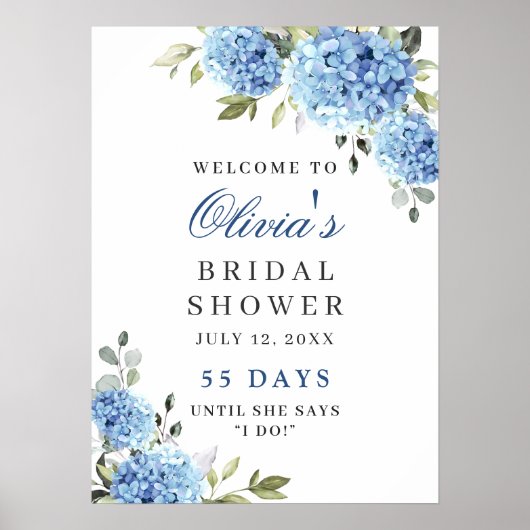 Elegant Blue Hydrangea Eucalyptus Vrijgezellenfees Poster (Voorkant)
