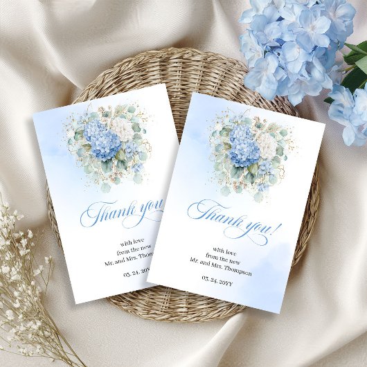 Elegant Blue Hydrangea Eucalyptus Wedding thanks RSVP Kaartje