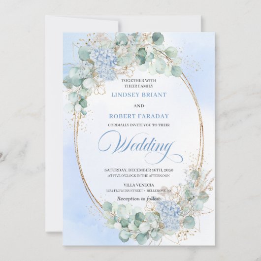 Elegant Blue Hydrangea Eucalyptus Wheat Wedding  Kaart (Voorkant)