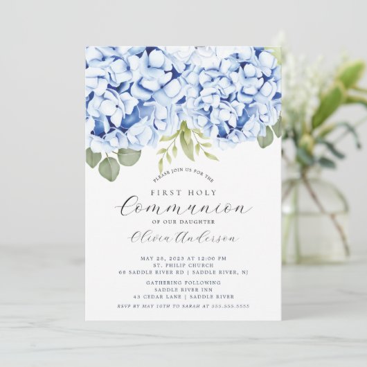 Elegant Blue Hydrangea First Community Invitation Kaart (Staand voorkant)