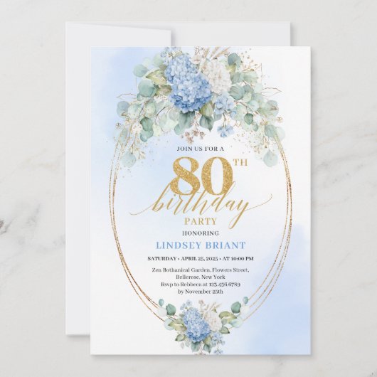 Elegant Blue Hydrangea Floral 80th Birthday Invite Kaart (Voorkant)