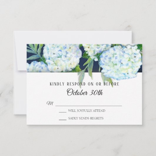 Elegant Blue Hydrangea Floral Navy RSVP Wedding Kaart (Voorkant)