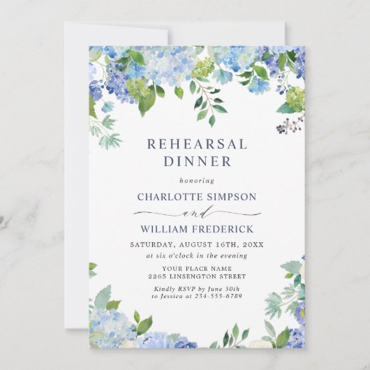 Elegant Blue Hydrangea Floral REHEARSAL DINNER Kaart (Voorkant)