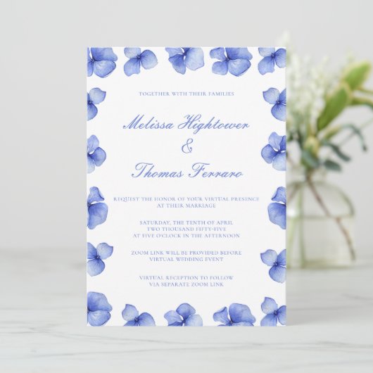 Elegant Blue Hydrangea Floral Virtual Wedding Kaart (Staand voorkant)
