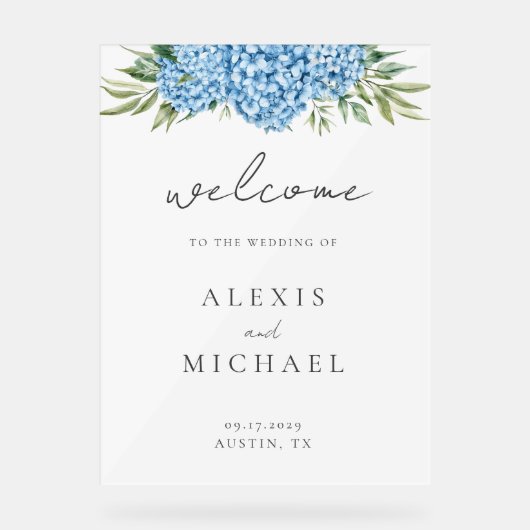 Elegant Blue Hydrangea Floral Wedding Acryl Bord (Voorkant)