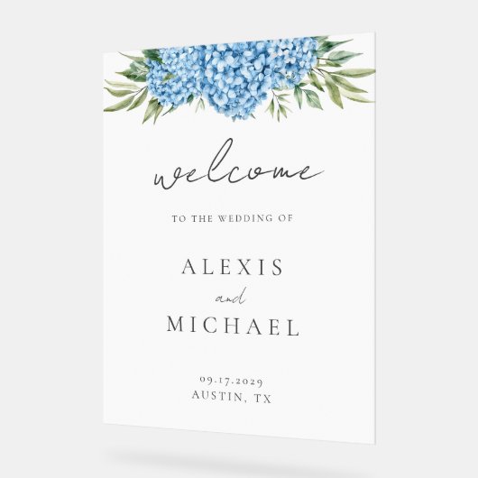 Elegant Blue Hydrangea Floral Wedding Acryl Bord (Hoek)