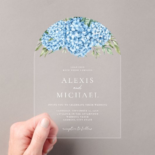 Elegant Blue Hydrangea Floral Wedding Acryl Uitnodigingen (Insitu (Draagbaar))