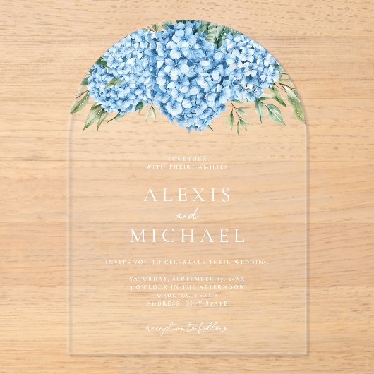Elegant Blue Hydrangea Floral Wedding Acryl Uitnodigingen (Voorkant)