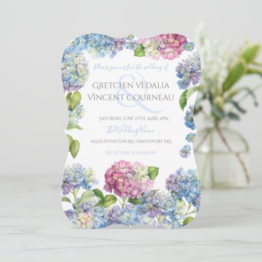 Elegant Blue Hydrangea Floral Wedding Invitation Kaart (Staand voorkant)