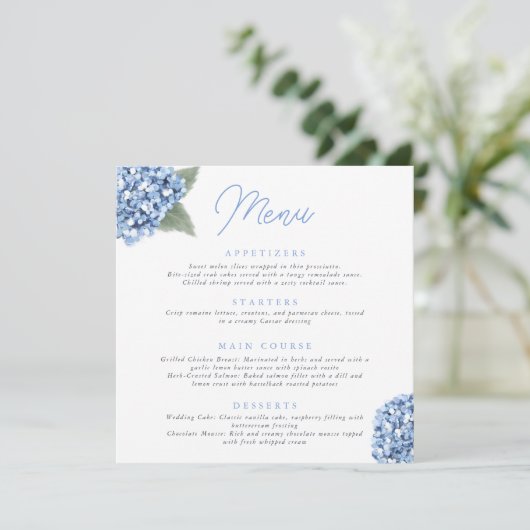 Elegant Blue Hydrangea Floral Wedding Menu (Staand voorkant)