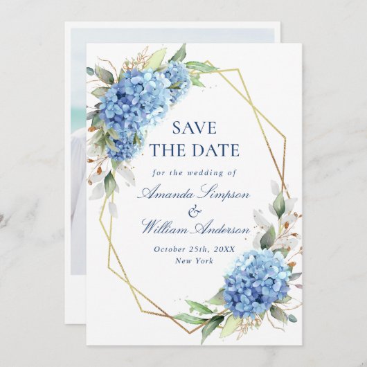 Elegant Blue Hydrangea Floral Wedding Photo Save The Date (Voorkant / Achterkant)