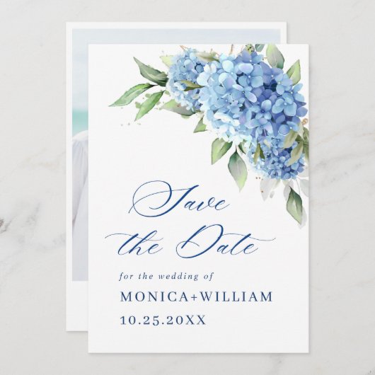 Elegant Blue Hydrangea Floral Wedding Photo Save The Date (Voorkant / Achterkant)