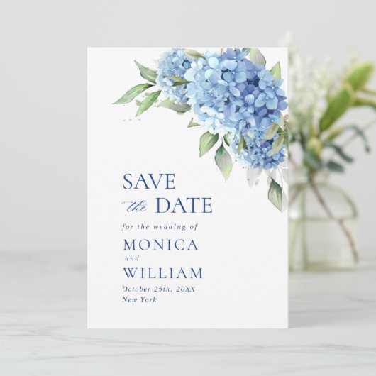 Elegant Blue Hydrangea Floral Wedding Photo Save The Date (Staand voorkant)