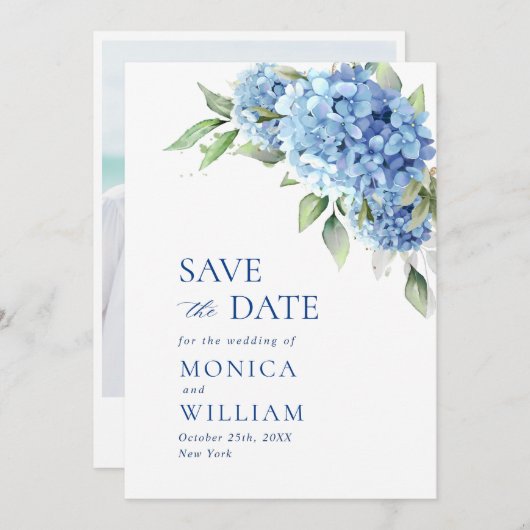 Elegant Blue Hydrangea Floral Wedding Photo Save The Date (Voorkant / Achterkant)