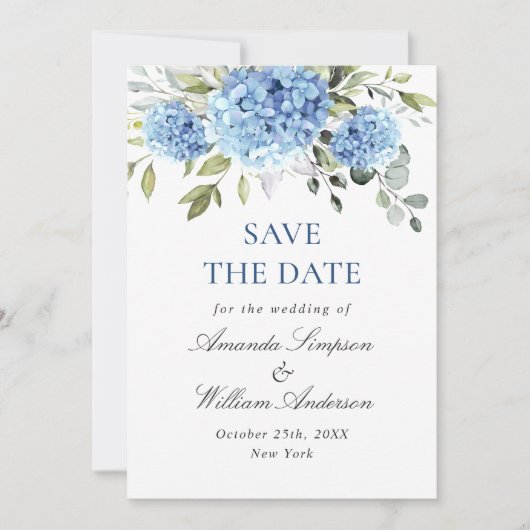 Elegant Blue Hydrangea Floral Wedding Photo Save The Date (Voorkant)
