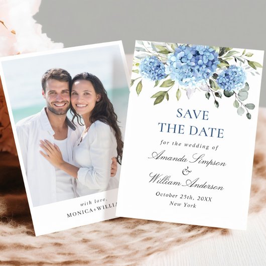 Elegant Blue Hydrangea Floral Wedding Photo Save The Date
