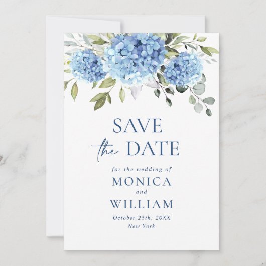 Elegant Blue Hydrangea Floral Wedding Photo Save The Date (Voorkant)
