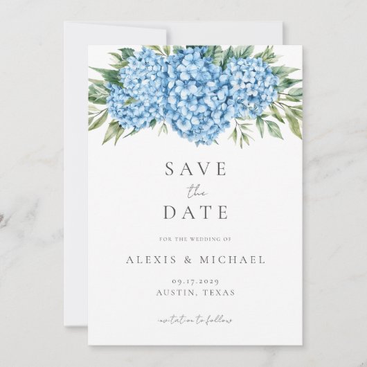 Elegant Blue Hydrangea Floral Wedding Save The Date (Voorkant)