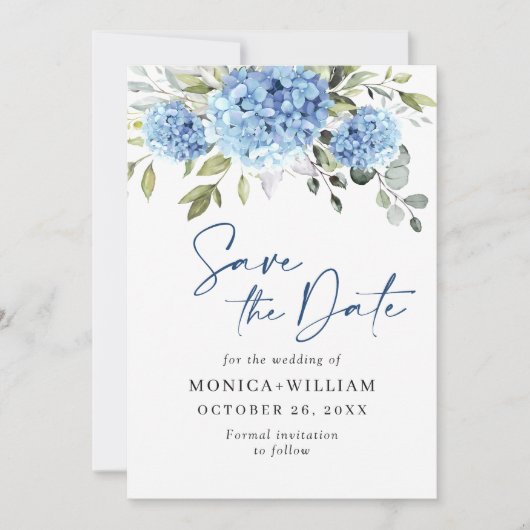Elegant Blue Hydrangea Floral Wedding Save The Date (Voorkant)