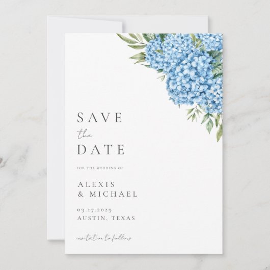 Elegant Blue Hydrangea Floral Wedding Save The Date (Voorkant)