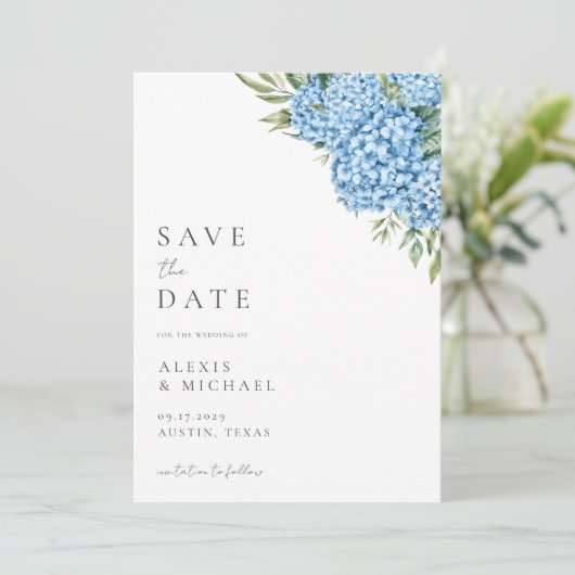 Elegant Blue Hydrangea Floral Wedding Save The Date (Staand voorkant)
