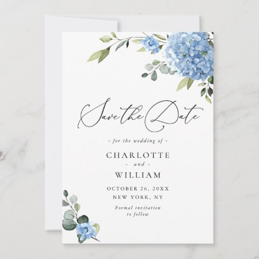 Elegant Blue Hydrangea Floral Wedding Save The Date (Voorkant)