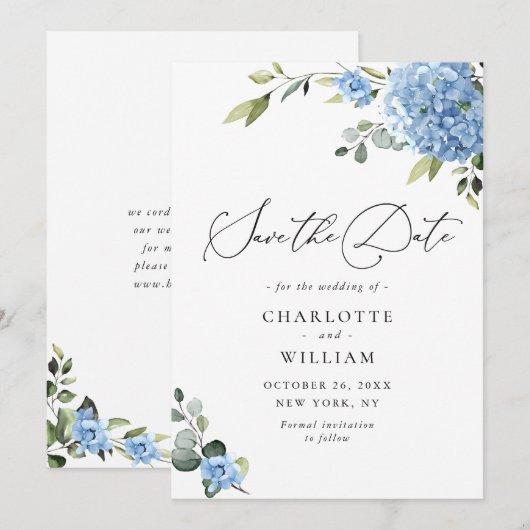 Elegant Blue Hydrangea Floral Wedding Save The Date (Voorkant / Achterkant)
