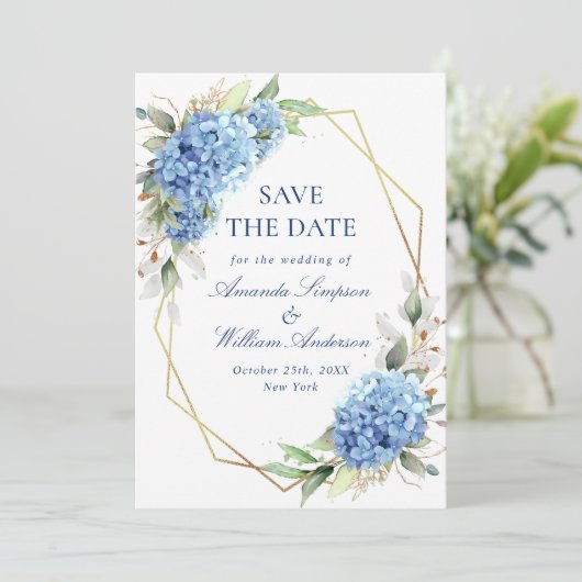 Elegant Blue Hydrangea Floral Wedding Save The Date (Staand voorkant)