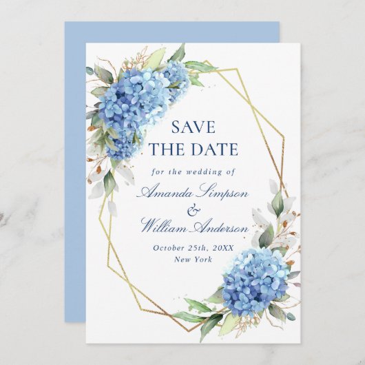 Elegant Blue Hydrangea Floral Wedding Save The Date (Voorkant / Achterkant)