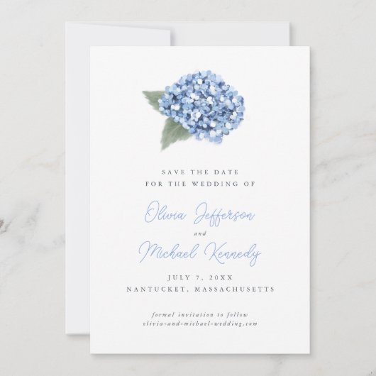 Elegant Blue Hydrangea Floral Wedding Save The Date (Voorkant)
