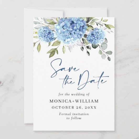 Elegant Blue Hydrangea Floral Wedding Save The Date (Voorkant)