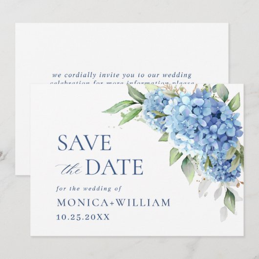 Elegant Blue Hydrangea Floral Wedding Save The Date (Voorkant / Achterkant)