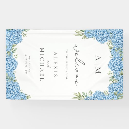 Elegant Blue Hydrangea Floral Wedding Spandoek (Horizontaal)