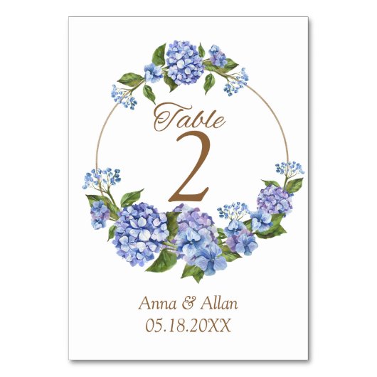 Elegant Blue Hydrangea Floral Wedding Table Number Kaart (Voorkant)