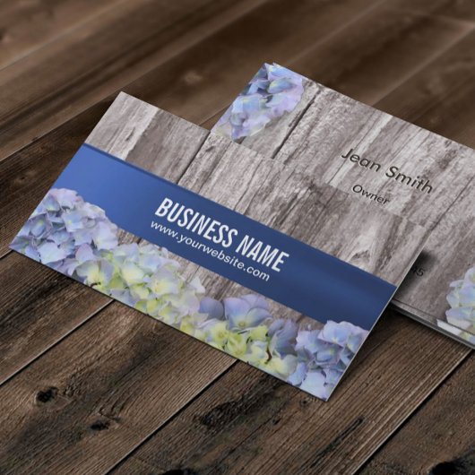 Elegant Blue Hydrangea Flowers Wood Background Visitekaartje