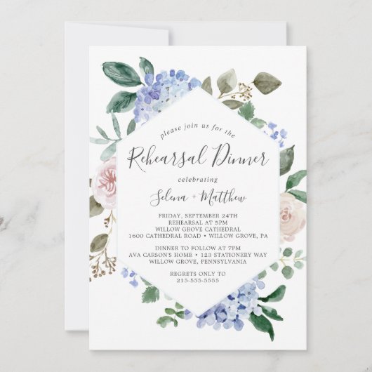Elegant Blue Hydrangea Geometric Rehearsal Dinner Kaart (Voorkant)