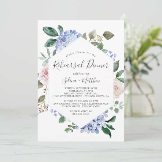 Elegant Blue Hydrangea Geometric Rehearsal Dinner Kaart (Staand voorkant)
