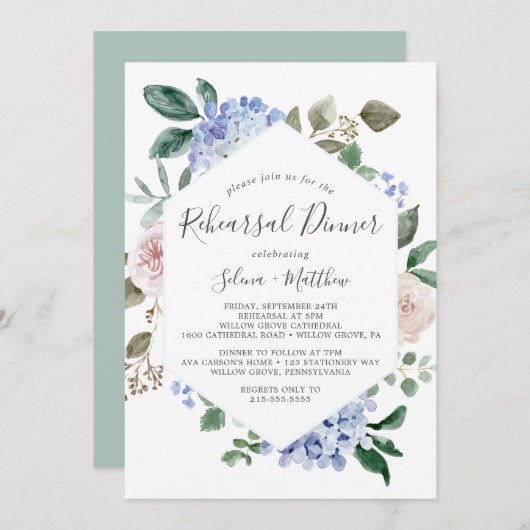 Elegant Blue Hydrangea Geometric Rehearsal Dinner Kaart (Voorkant / Achterkant)